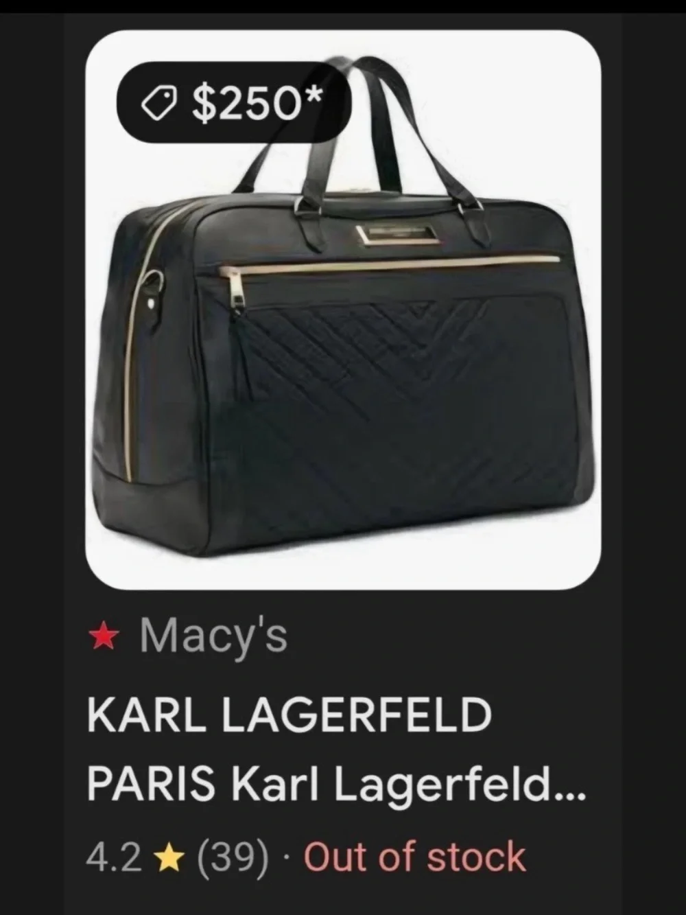 Karl Lagerfeld Black Quilted Duffel with Gold Hardware